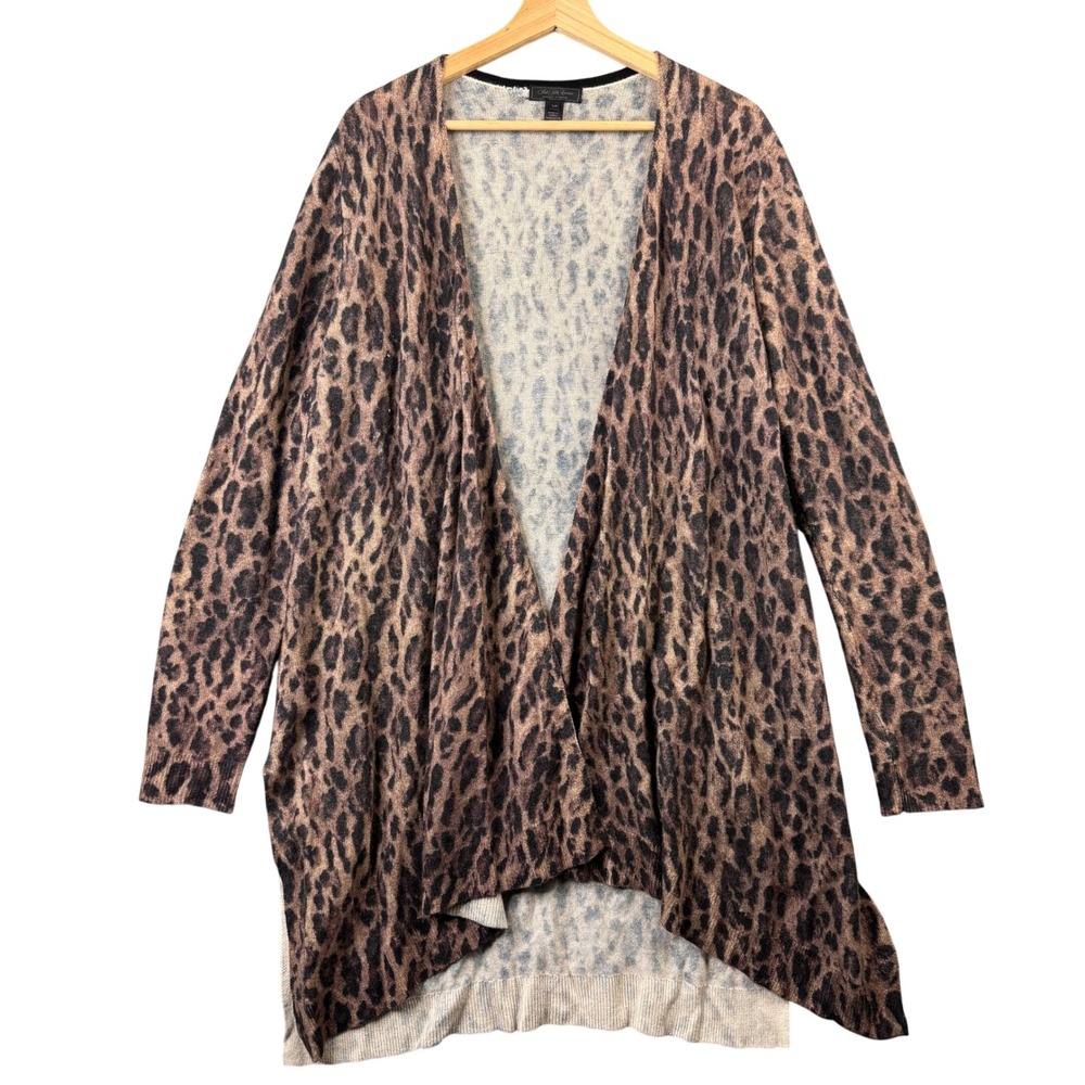 Saks Fifth Avenue 100% Cashmere Leopard Print Open Front Cardigan Brown Large